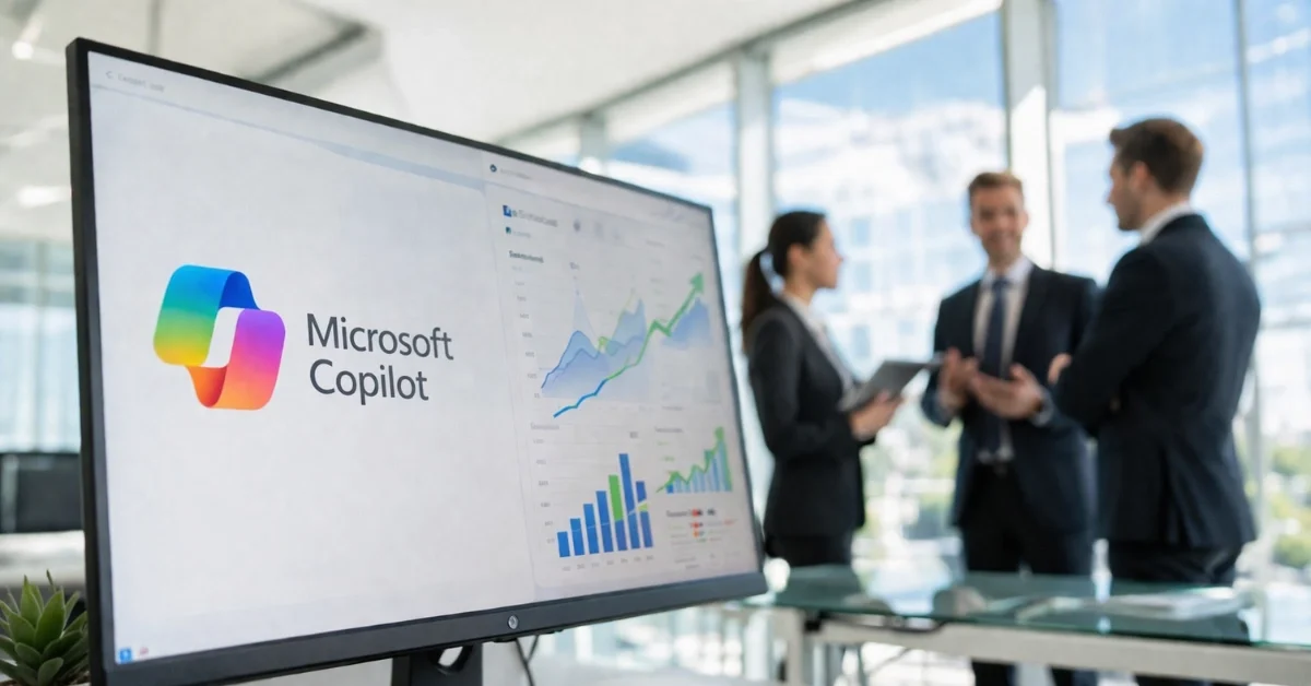 A modern corporate office setting with a computer monitor showing the Microsoft Copilot logo and upward-trending financial charts, representing successful enterprise AI sales.
