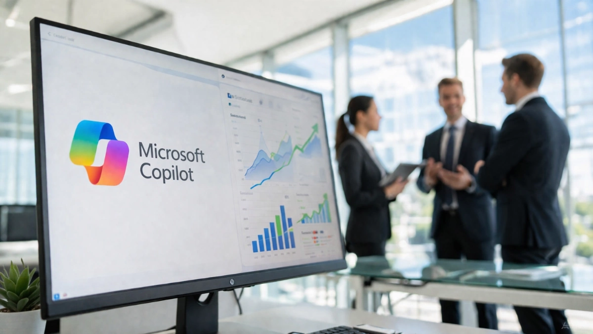 A modern corporate office setting with a computer monitor showing the Microsoft Copilot logo and upward-trending financial charts, representing successful enterprise AI sales.