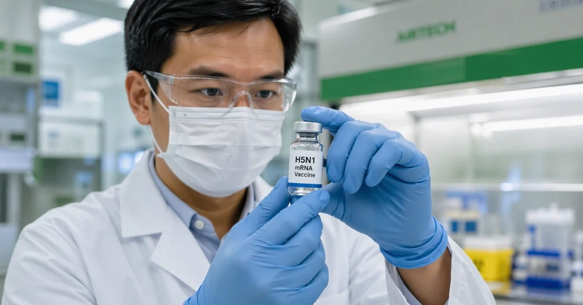 A scientist in a white lab coat and blue gloves holding an H5N1 mRNA vaccine vial in a modern pharmaceutical research laboratory, representing Moderna's Phase 3 bird flu vaccine trial in the US and UK.