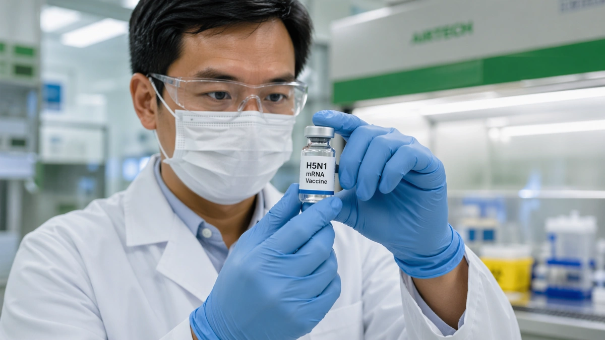 A scientist in a white lab coat and blue gloves holding an H5N1 mRNA vaccine vial in a modern pharmaceutical research laboratory, representing Moderna's Phase 3 bird flu vaccine trial in the US and UK.