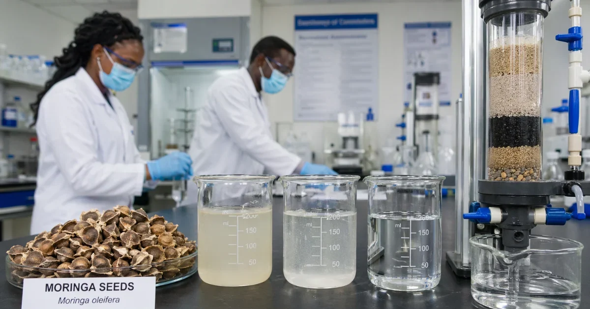 Moringa seeds are placed beside laboratory glassware and water filtration equipment in a research setting.
