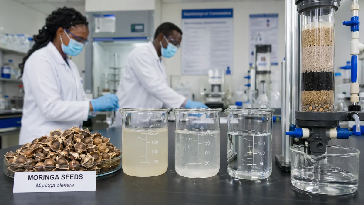 Moringa seeds are placed beside laboratory glassware and water filtration equipment in a research setting.