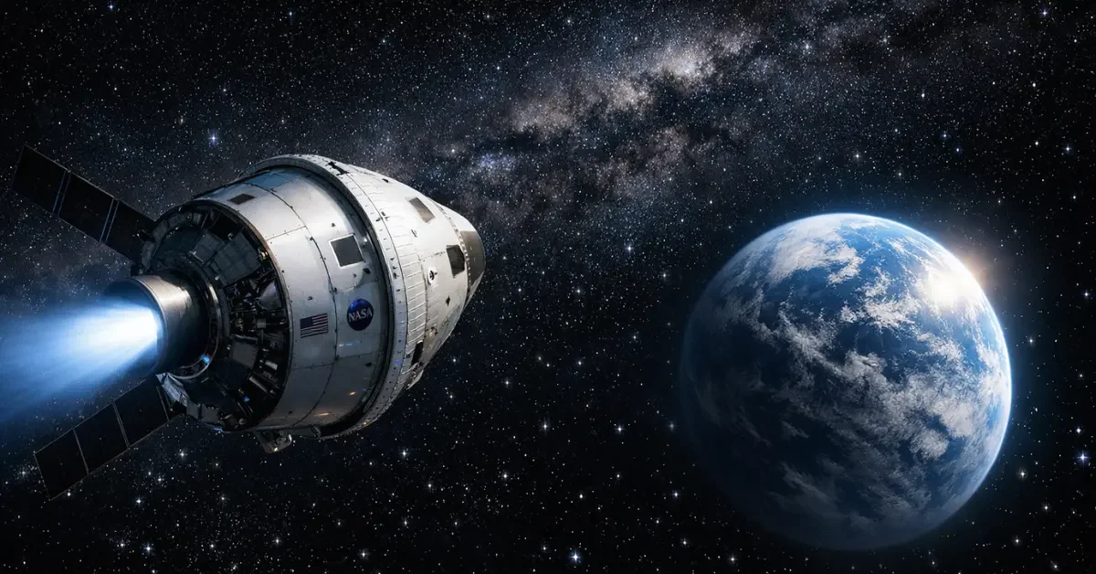 The NASA Artemis 2 Orion spacecraft traveling through deep space toward Earth with the Milky Way in the background.