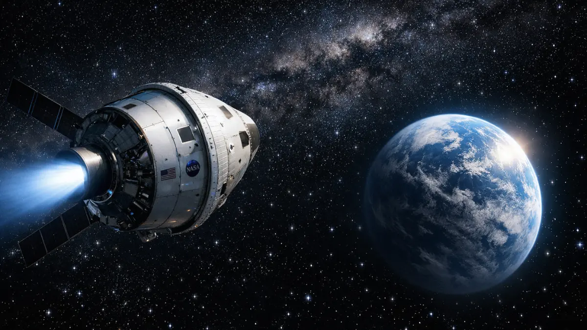 The NASA Artemis 2 Orion spacecraft traveling through deep space toward Earth with the Milky Way in the background.