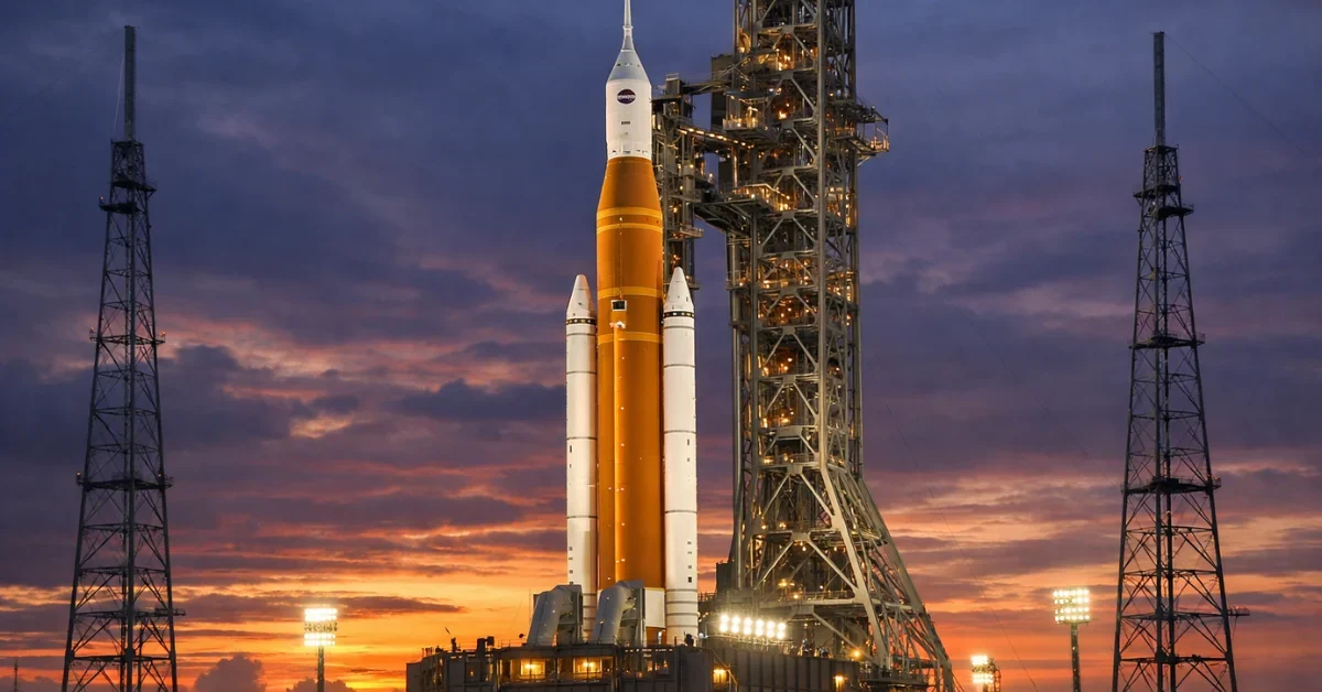 The NASA Space Launch System rocket illuminated by spotlights on Launch Pad 39B at Kennedy Space Center during dusk.