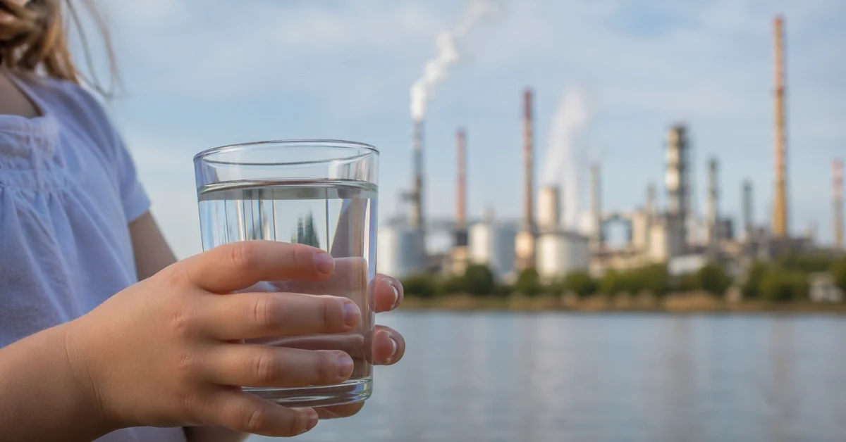 A child holding a glass of drinking water with a blurred chemical plant in the background, representing NDMA contamination risk and childhood cancer vulnerability from unsafe drinking water.