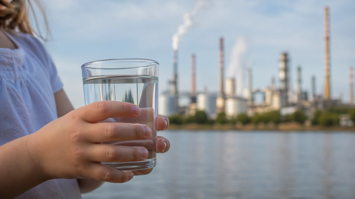 A child holding a glass of drinking water with a blurred chemical plant in the background, representing NDMA contamination risk and childhood cancer vulnerability from unsafe drinking water.