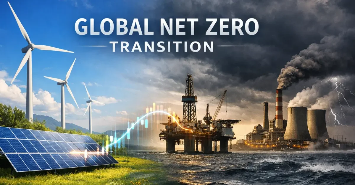 A split scene showing clean renewable energy sources on the left and a traditional fossil fuel plant under storm clouds on the right, connected by a digital financial graph.