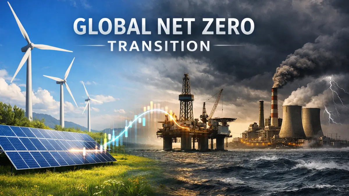 A split scene showing clean renewable energy sources on the left and a traditional fossil fuel plant under storm clouds on the right, connected by a digital financial graph.