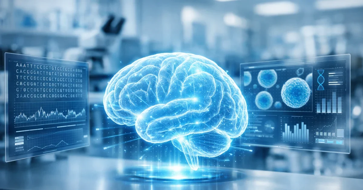 A glowing holographic brain surrounded by digital medical data in a high-tech laboratory setting.