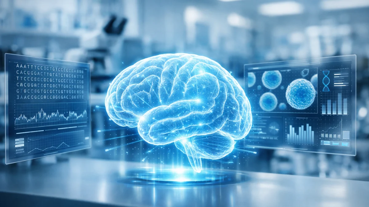 A glowing holographic brain surrounded by digital medical data in a high-tech laboratory setting.