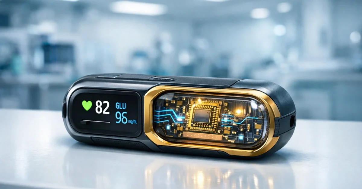 A close-up of a modern, portable handheld medical breath sensor device sitting on a clinical table in a well-lit medical setting.