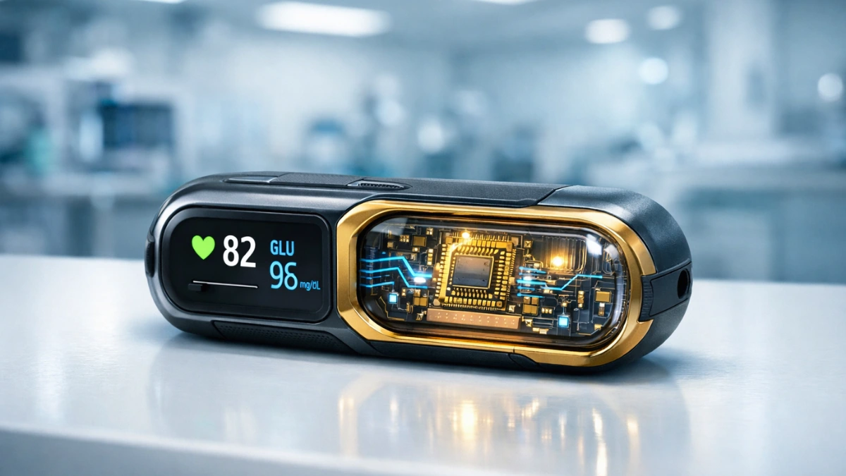 A close-up of a modern, portable handheld medical breath sensor device sitting on a clinical table in a well-lit medical setting.