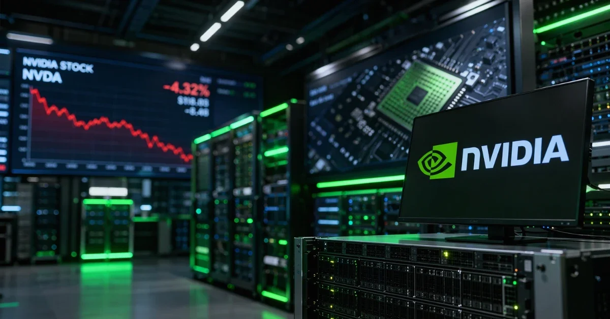 Modern data center with Nvidia branding on a screen, server racks, and market-style display graphics in the background.