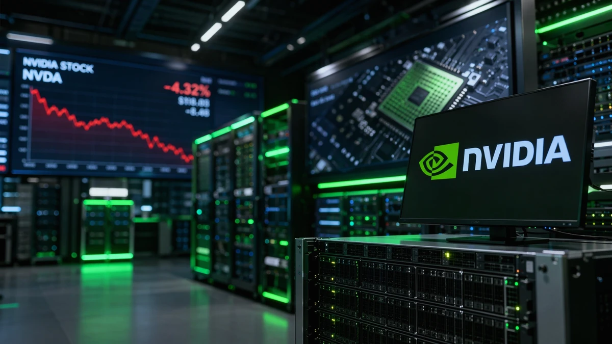 Modern data center with Nvidia branding on a screen, server racks, and market-style display graphics in the background.