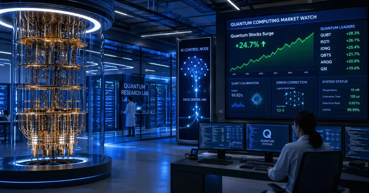A wide news-style image of a high-tech lab and data center with quantum computing displays, AI system graphics, and market screens showing rising activity.