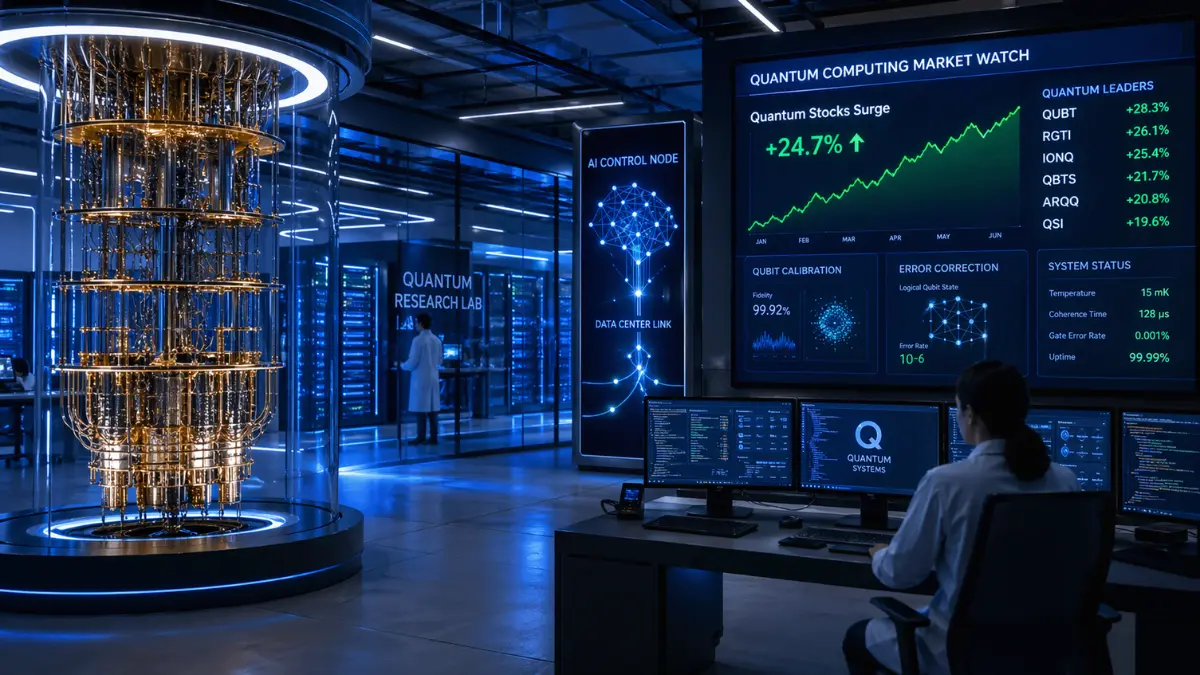 A wide news-style image of a high-tech lab and data center with quantum computing displays, AI system graphics, and market screens showing rising activity.
