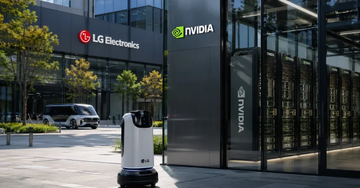 News-style image showing LG Electronics and Nvidia branding in a modern tech setting with AI server racks and a service robot.