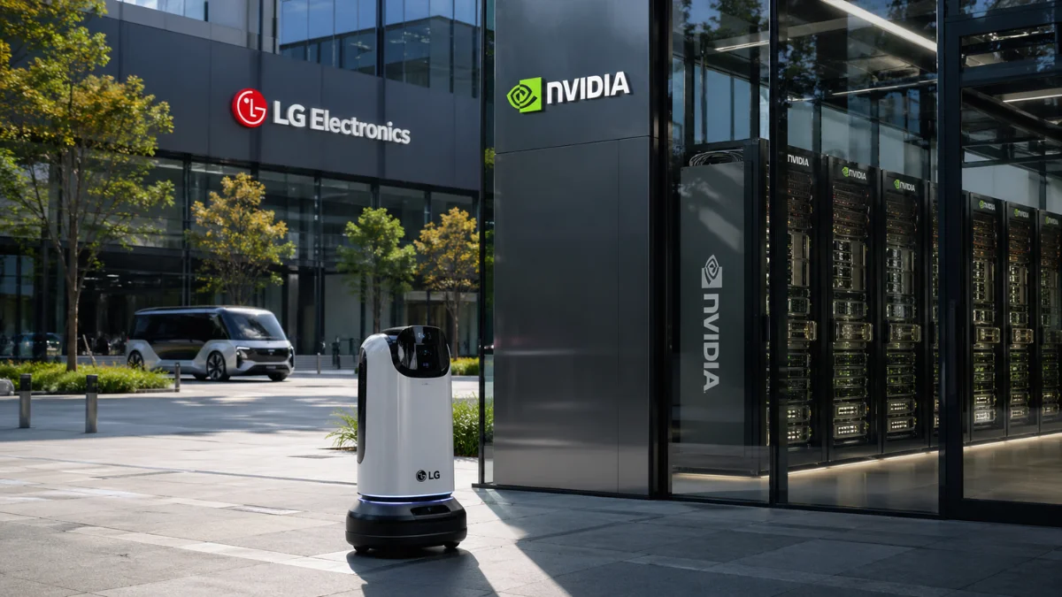 News-style image showing LG Electronics and Nvidia branding in a modern tech setting with AI server racks and a service robot.