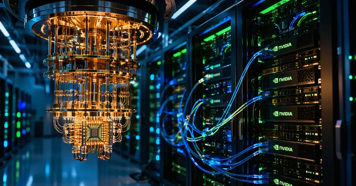 A futuristic data center showing an intricate gold quantum computer connected to modern AI server racks with glowing blue and green cables.