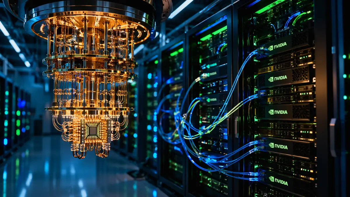 A futuristic data center showing an intricate gold quantum computer connected to modern AI server racks with glowing blue and green cables.