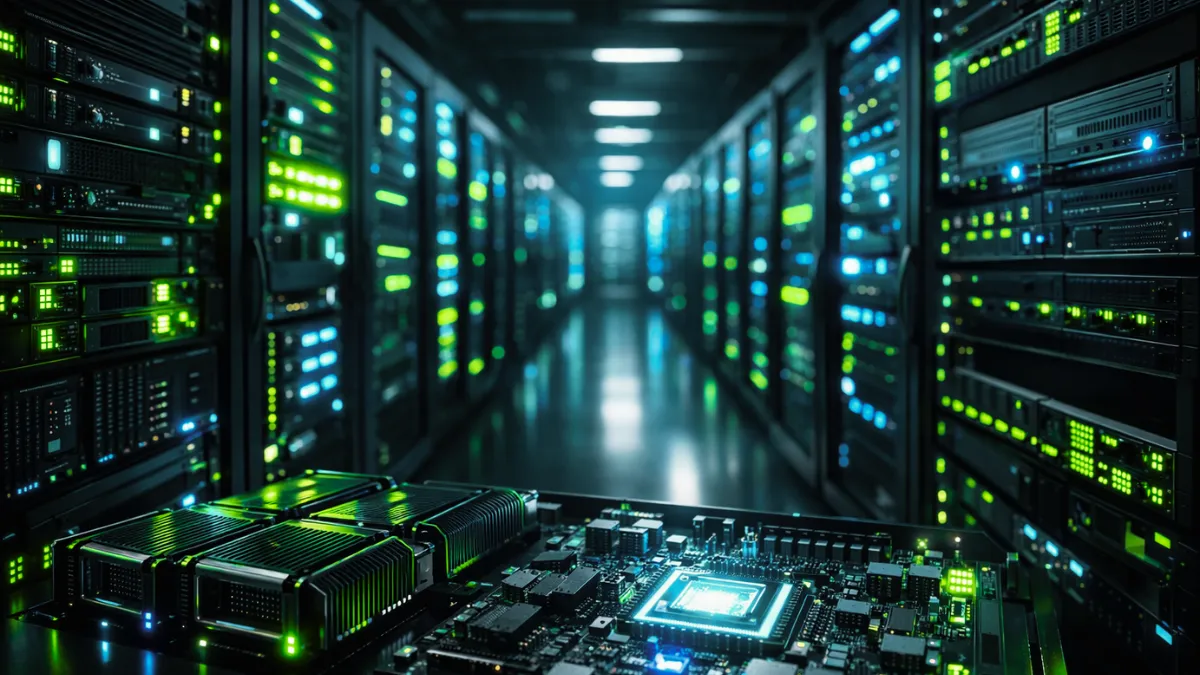 A glowing high-tech data center server room representing advanced artificial intelligence computing and semiconductor technology.
