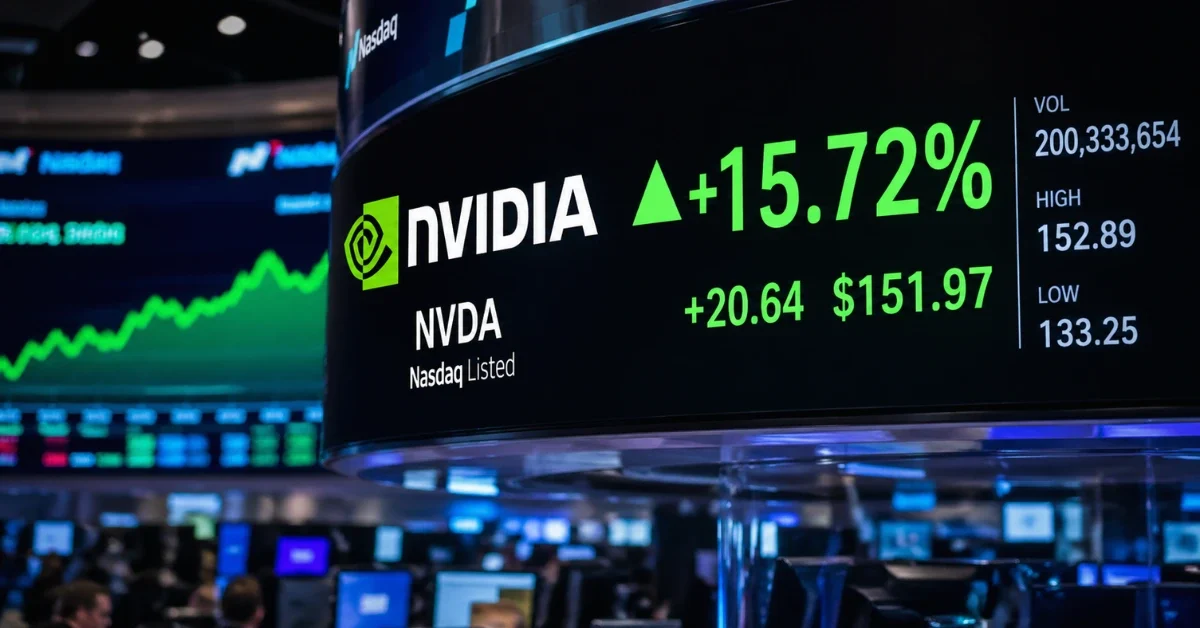 A sleek and modern stock market ticker displaying Nvidia's surging stock prices on a brightly lit digital board.