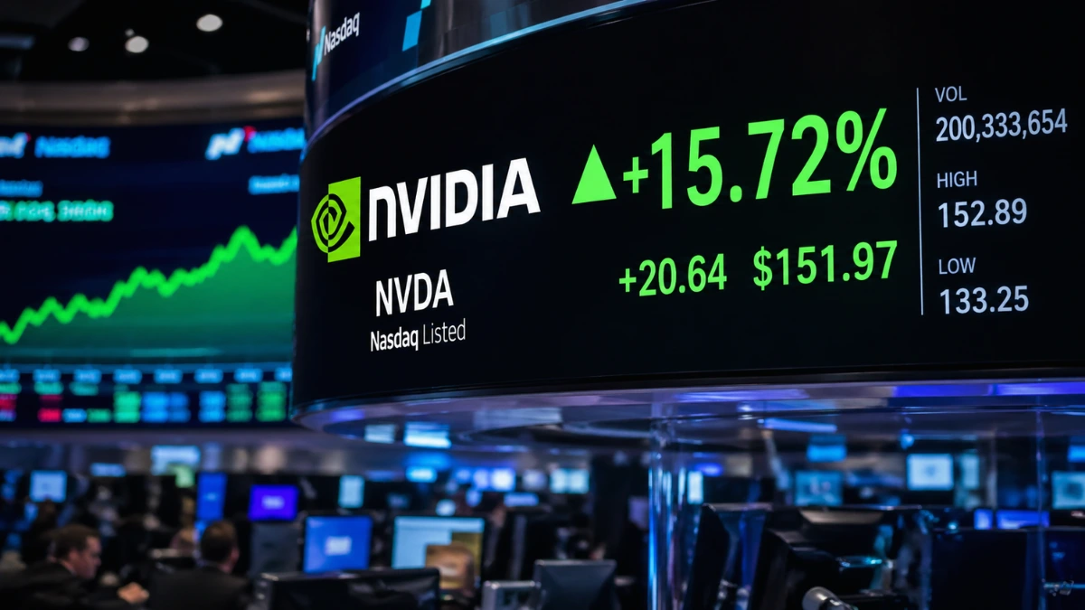 A sleek and modern stock market ticker displaying Nvidia's surging stock prices on a brightly lit digital board.