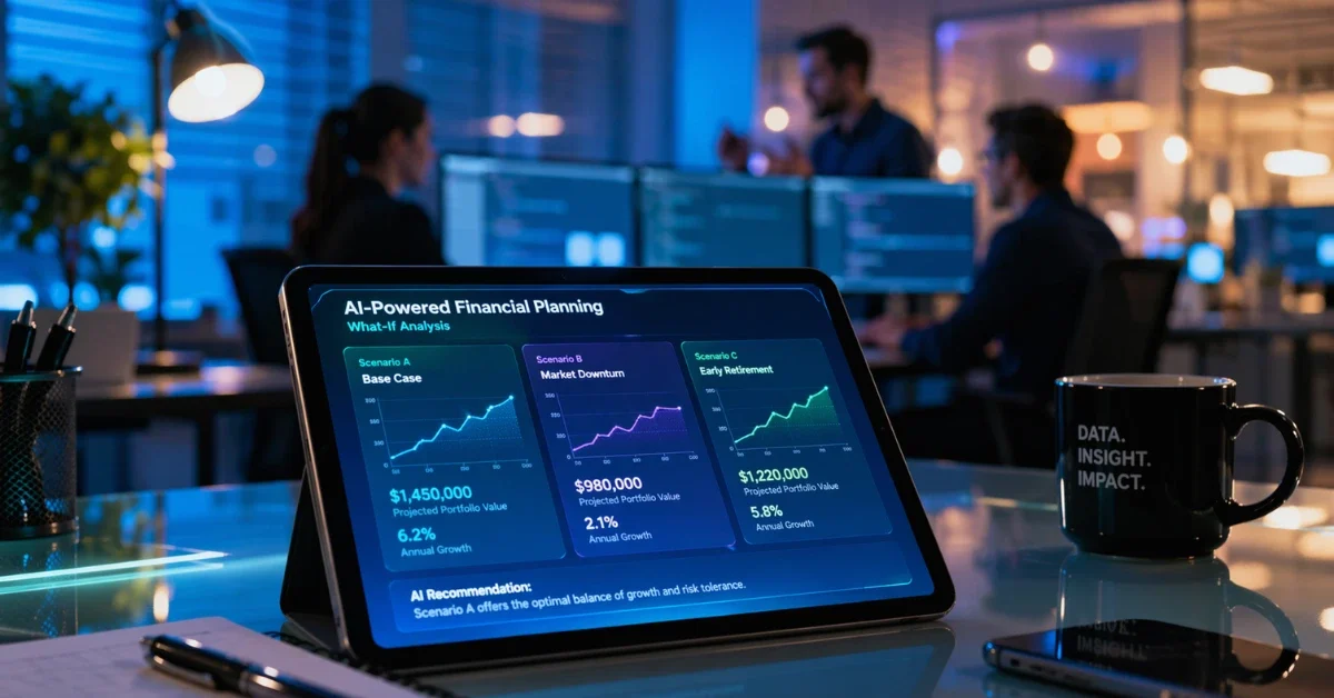 A glowing tablet displaying futuristic financial charts on a modern glass desk, symbolizing the intersection of artificial intelligence and personal finance technology.