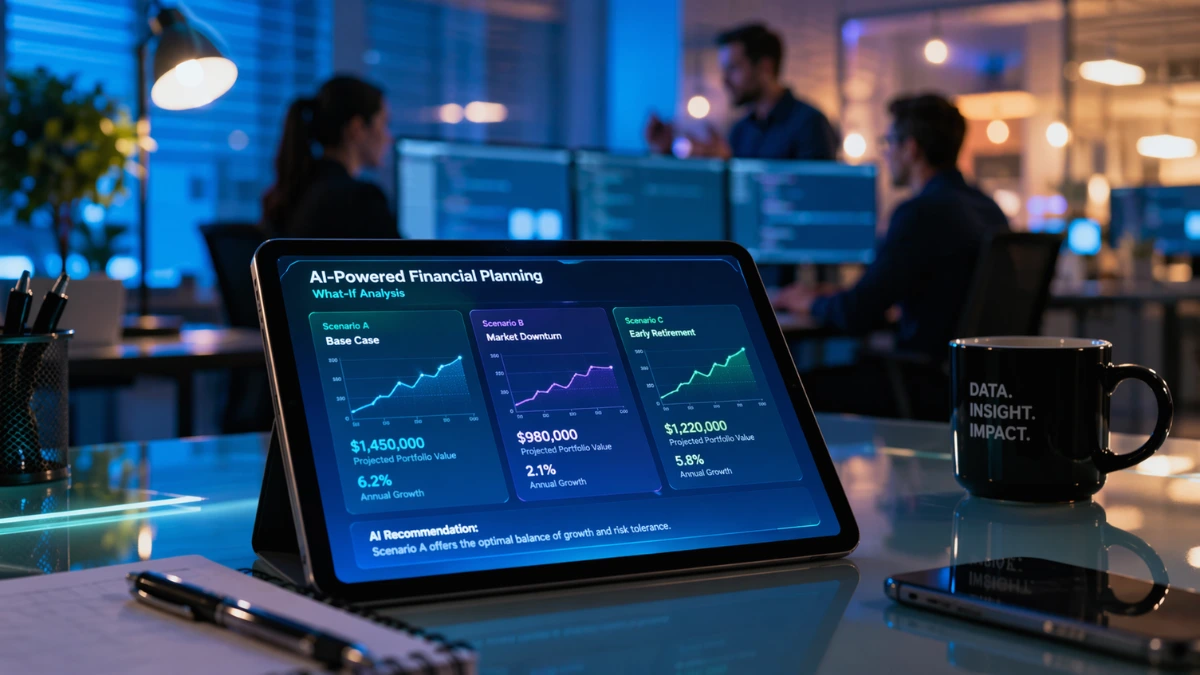 A glowing tablet displaying futuristic financial charts on a modern glass desk, symbolizing the intersection of artificial intelligence and personal finance technology.