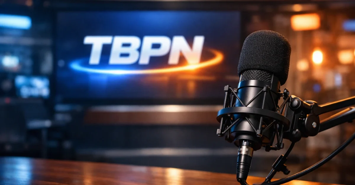 A professional broadcasting studio featuring a high-end microphone on a wooden desk in the foreground, with a blurred digital screen displaying the TBPN logo in the background under cinematic lighting.