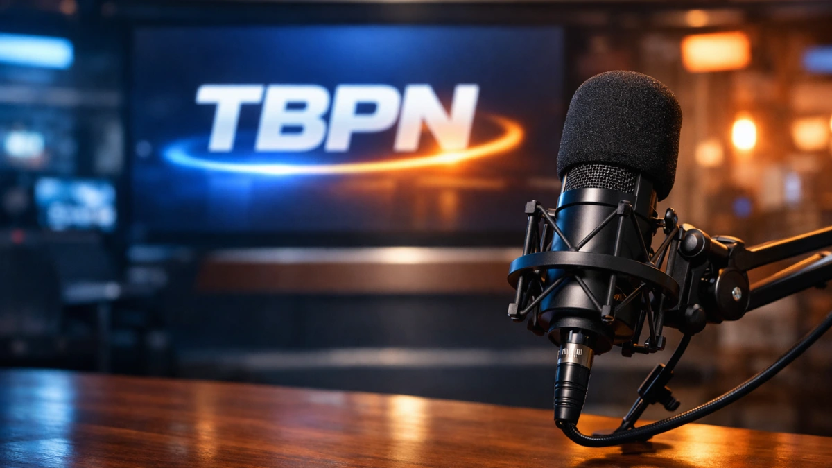 A professional broadcasting studio featuring a high-end microphone on a wooden desk in the foreground, with a blurred digital screen displaying the TBPN logo in the background under cinematic lighting.
