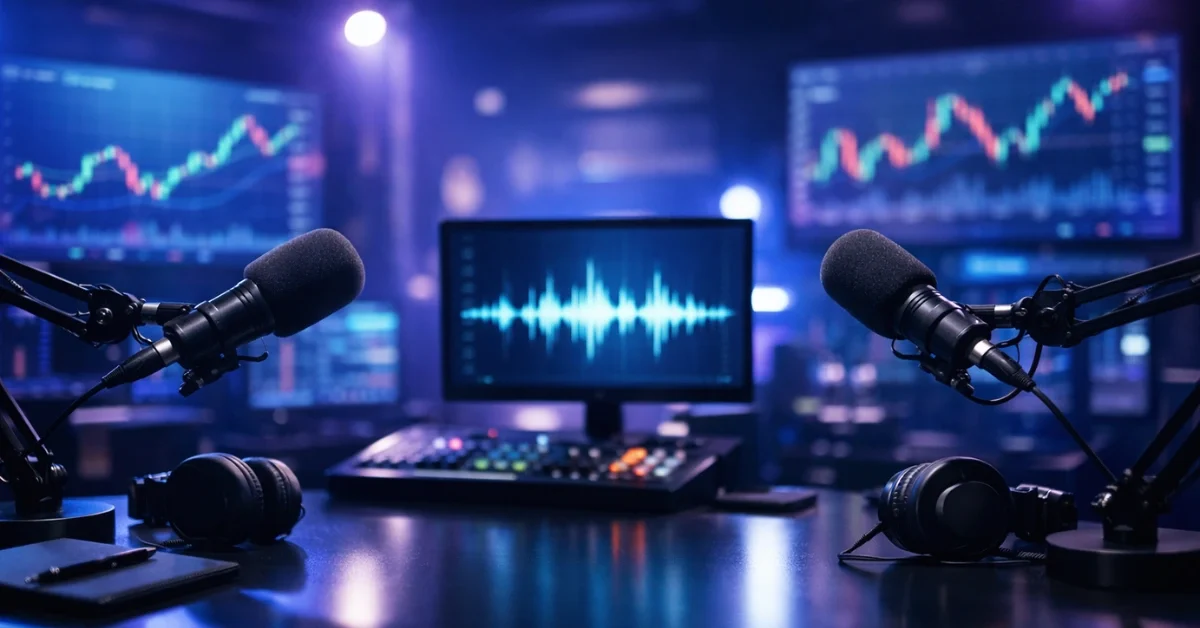 A modern professional podcast broadcasting studio with microphones and glowing monitors in the background.
