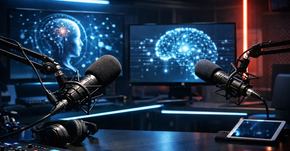 A professional podcast broadcasting studio featuring high-tech microphones and monitors with artificial intelligence graphics.