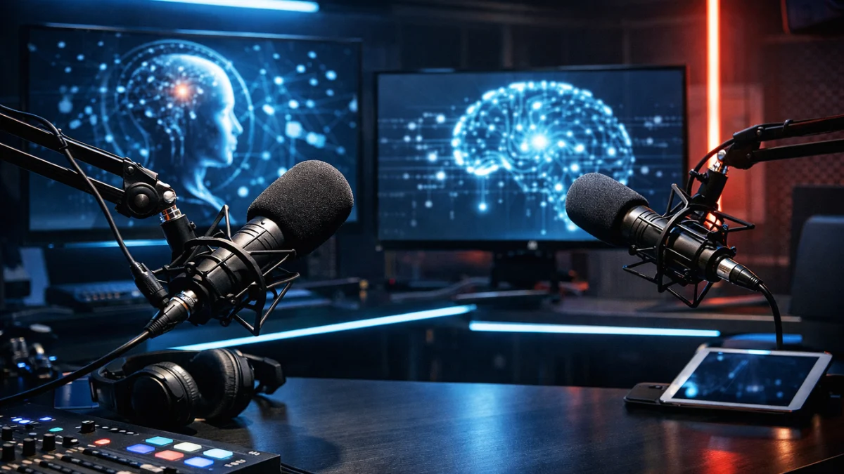 A professional podcast broadcasting studio featuring high-tech microphones and monitors with artificial intelligence graphics.