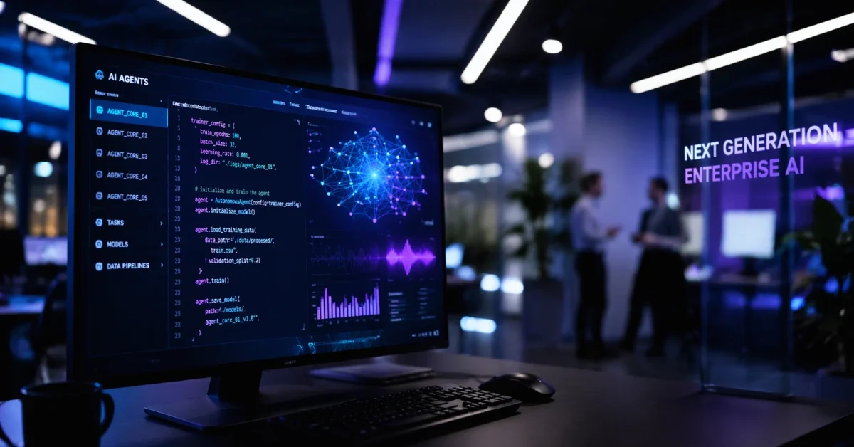 A modern computer monitor displaying glowing code and AI data visualizations in a high-tech corporate office setting.