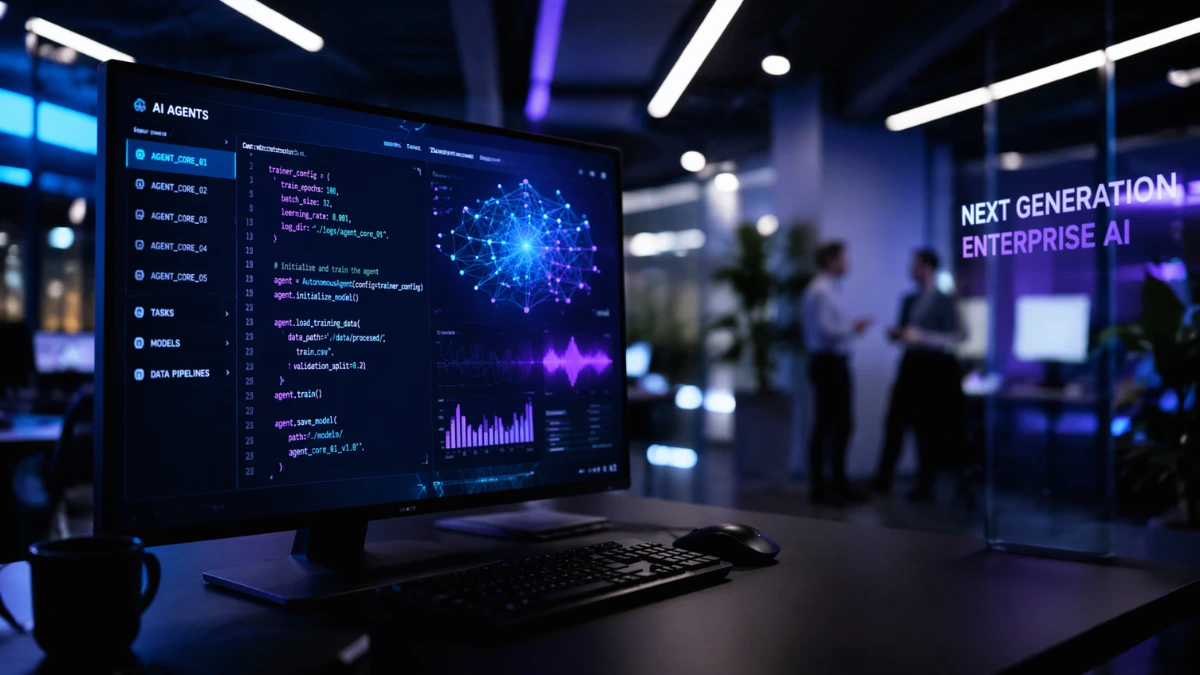 A modern computer monitor displaying glowing code and AI data visualizations in a high-tech corporate office setting.