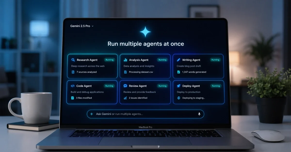 A MacBook Pro displaying an AI coding assistant interface with multiple agents running in parallel, representing OpenAI's Codex desktop update with background computer use capabilities on macOS.