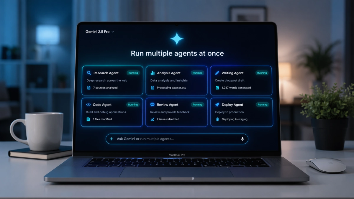 A MacBook Pro displaying an AI coding assistant interface with multiple agents running in parallel, representing OpenAI's Codex desktop update with background computer use capabilities on macOS.