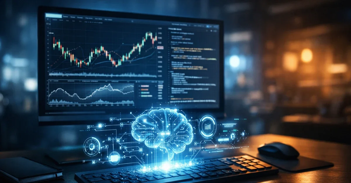 A sleek computer setup in a modern office with glowing holographic elements representing the OpenAI GPT-5.4 model autonomously operating software.