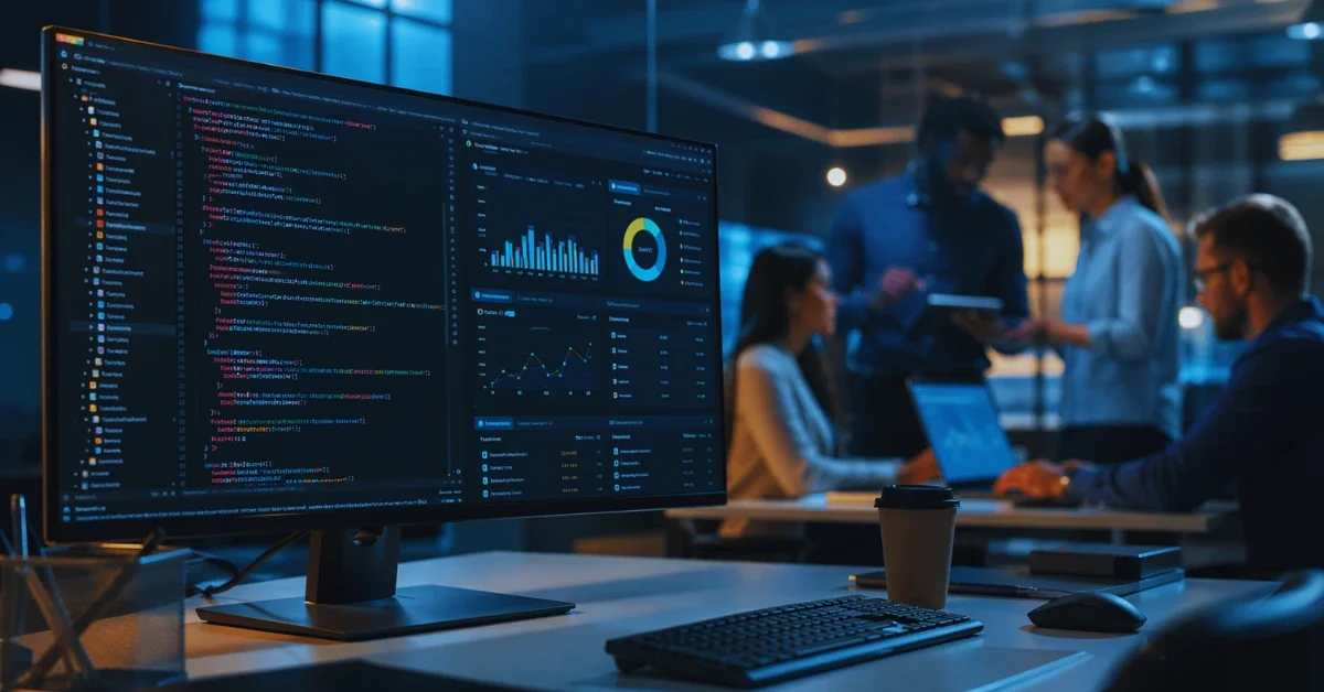 A modern corporate office setting with a computer monitor displaying code and data analytics, representing the enterprise integration of advanced artificial intelligence.