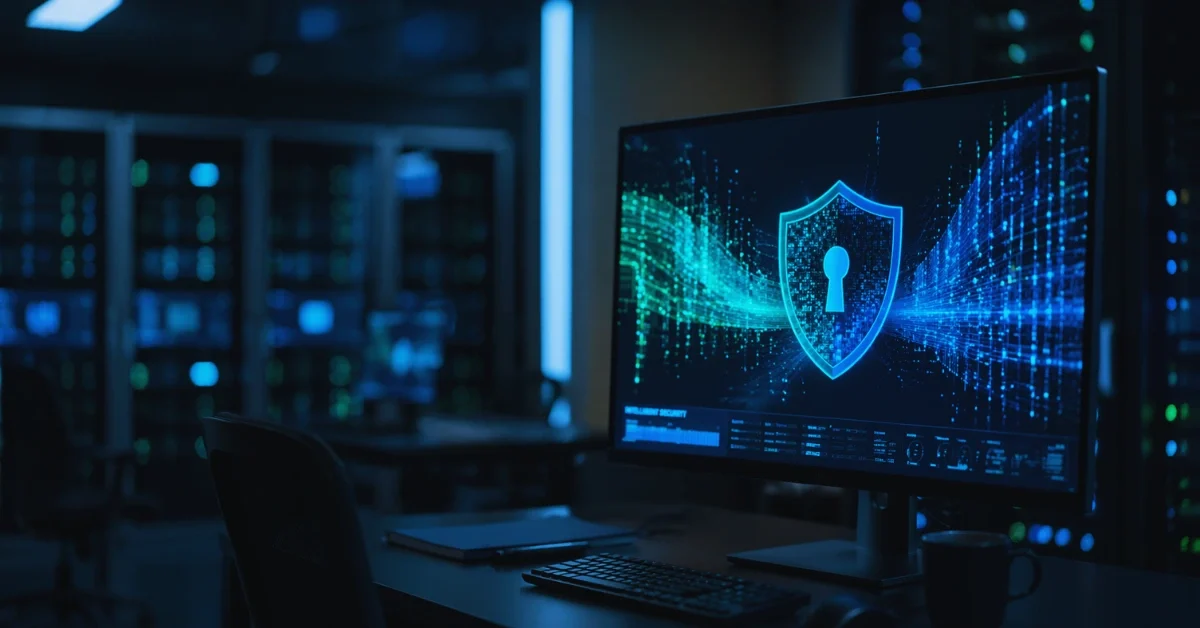 A high-tech computer monitor displaying glowing blue data streams and a security shield in a modern cybersecurity operations center.