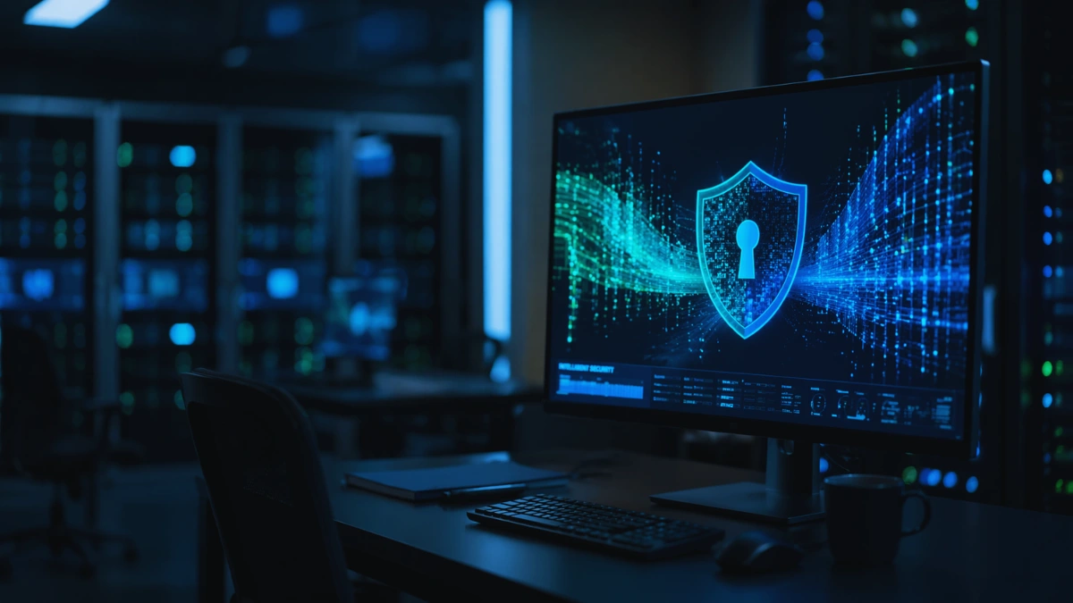 A high-tech computer monitor displaying glowing blue data streams and a security shield in a modern cybersecurity operations center.