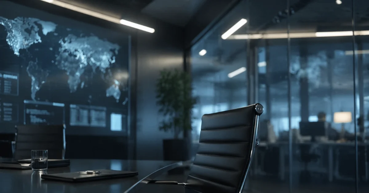 A modern, sleek corporate boardroom with glass walls and an empty executive chair, representing leadership transitions in a technology company.