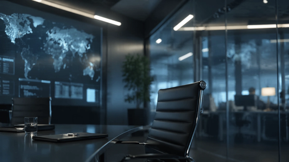 A modern, sleek corporate boardroom with glass walls and an empty executive chair, representing leadership transitions in a technology company.