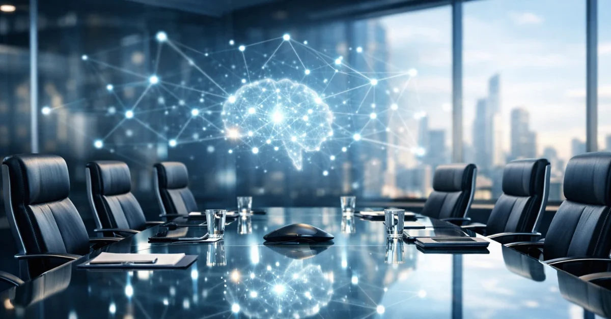 A modern, high-tech corporate boardroom overlooking a city skyline, representing a technology company's executive office.