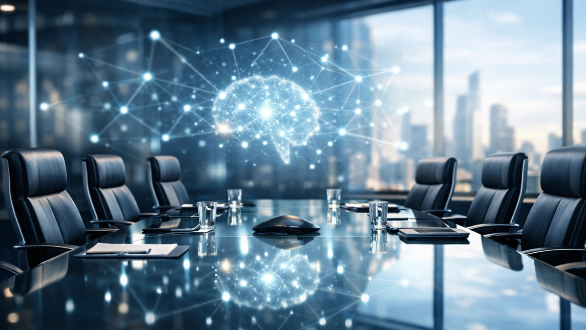 A modern, high-tech corporate boardroom overlooking a city skyline, representing a technology company's executive office.