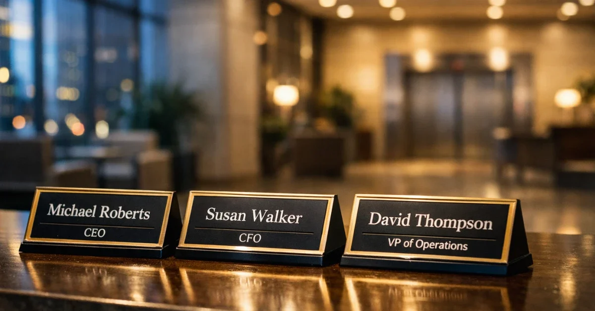 Three executive name plaques placed on a modern corporate reception desk in a glass-walled office lobby, symbolizing the departure of three senior OpenAI leaders on the same day.