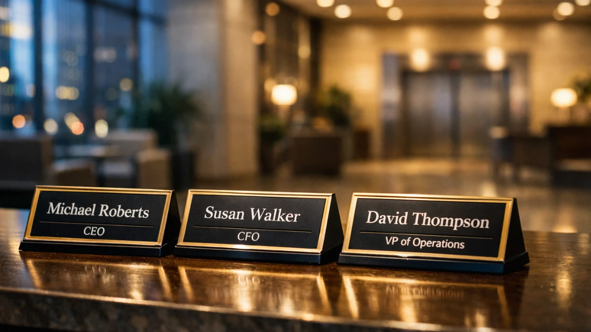Three executive name plaques placed on a modern corporate reception desk in a glass-walled office lobby, symbolizing the departure of three senior OpenAI leaders on the same day.
