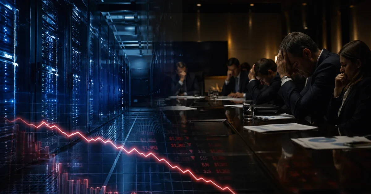 A glowing data center seamlessly transitions into a tense corporate boardroom with a downward-trending financial chart in the foreground.